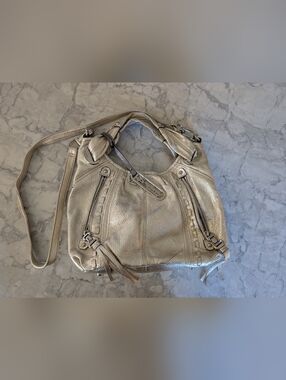 B. Makowsky Metallic Silver Leather Hobo Shoulder Bag